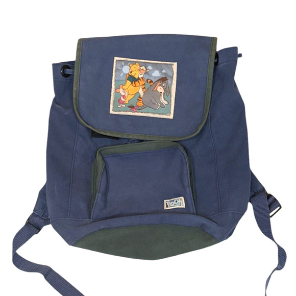 Vtg Pooh Canvas Drawstring Backpack Blue Green Disney Tigger Eeyore Piglet  90s - Picture 1 of 9